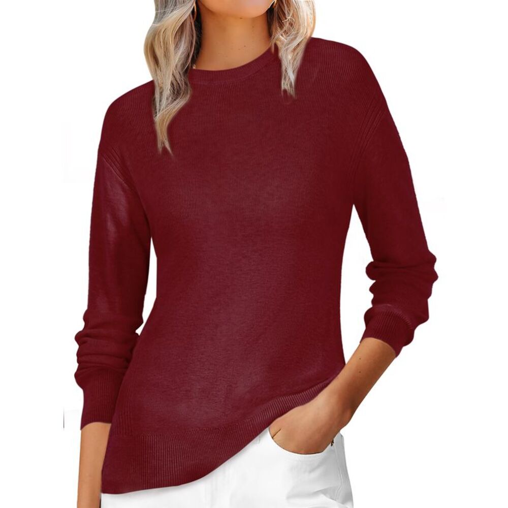 Women Casual Ribbed Knit Crew Neck Long Sleeve Pullover Sweaters Wine Red